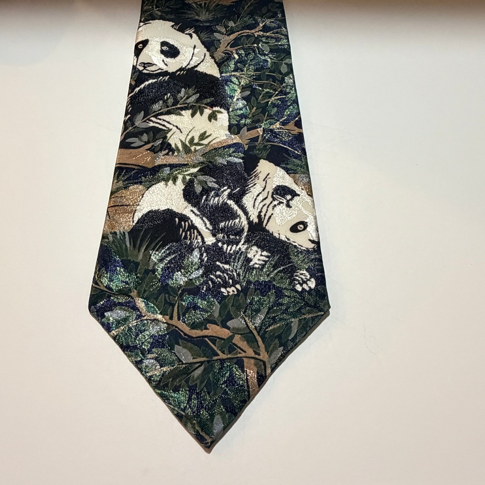 Lost Kingdom Necktie Panda Bear Bamboo Forest Navy Blue Novelty Silk-Look